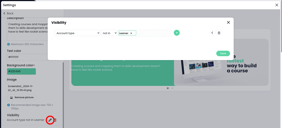 Banner widget, Settings pop-up, visibility file that only shows the slide to account types that are not learners