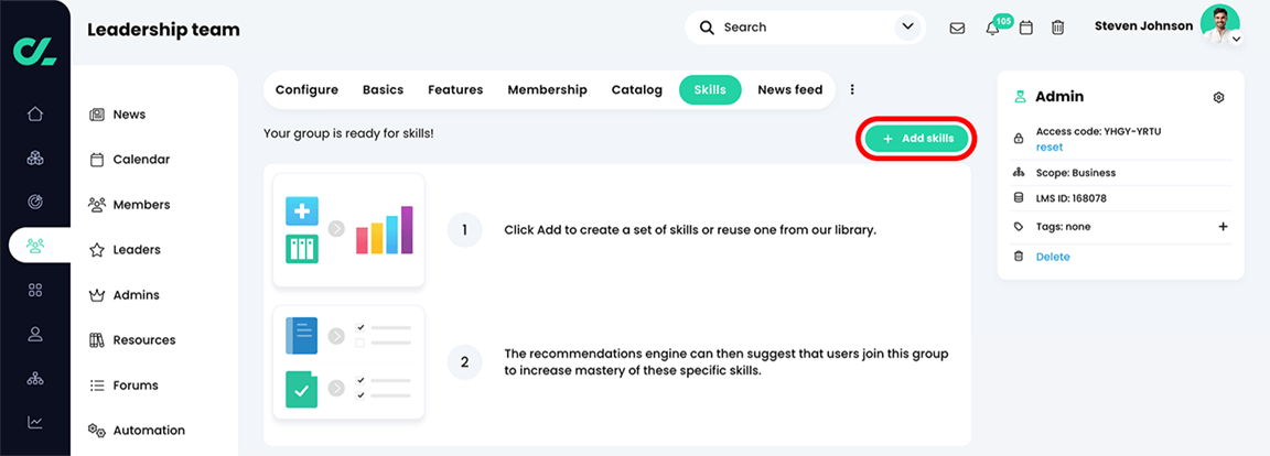 Group, Admin, Skills tab with Add skills highlighted