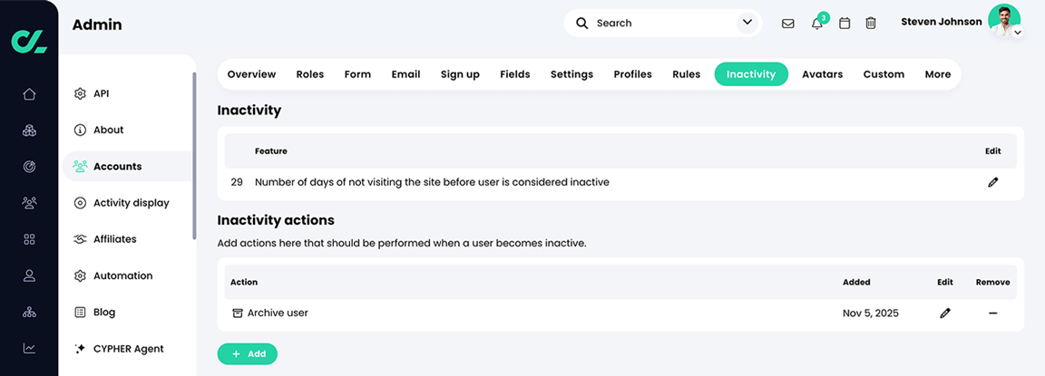 Admin, Accounts, Inactivity tab
