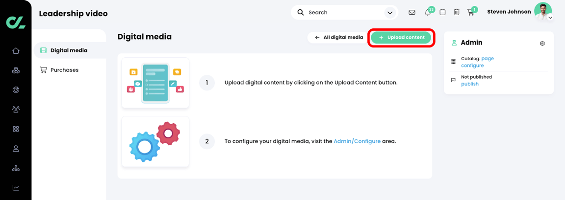 Admin, E-commerce, Digital media page with the Upload content button highlighted
