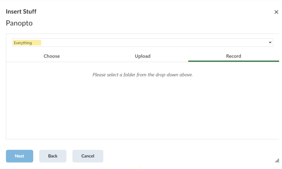 Insert stuff Panopto option showing the everything folder
