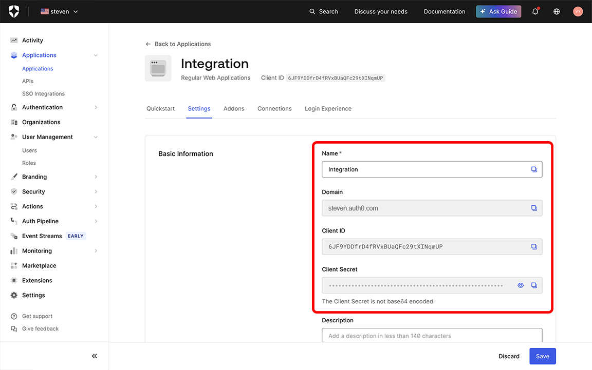 Auth0, Applications, Application example, Settings tab with the the Name, Domain, Client ID, and Client Secret fields highlighted
