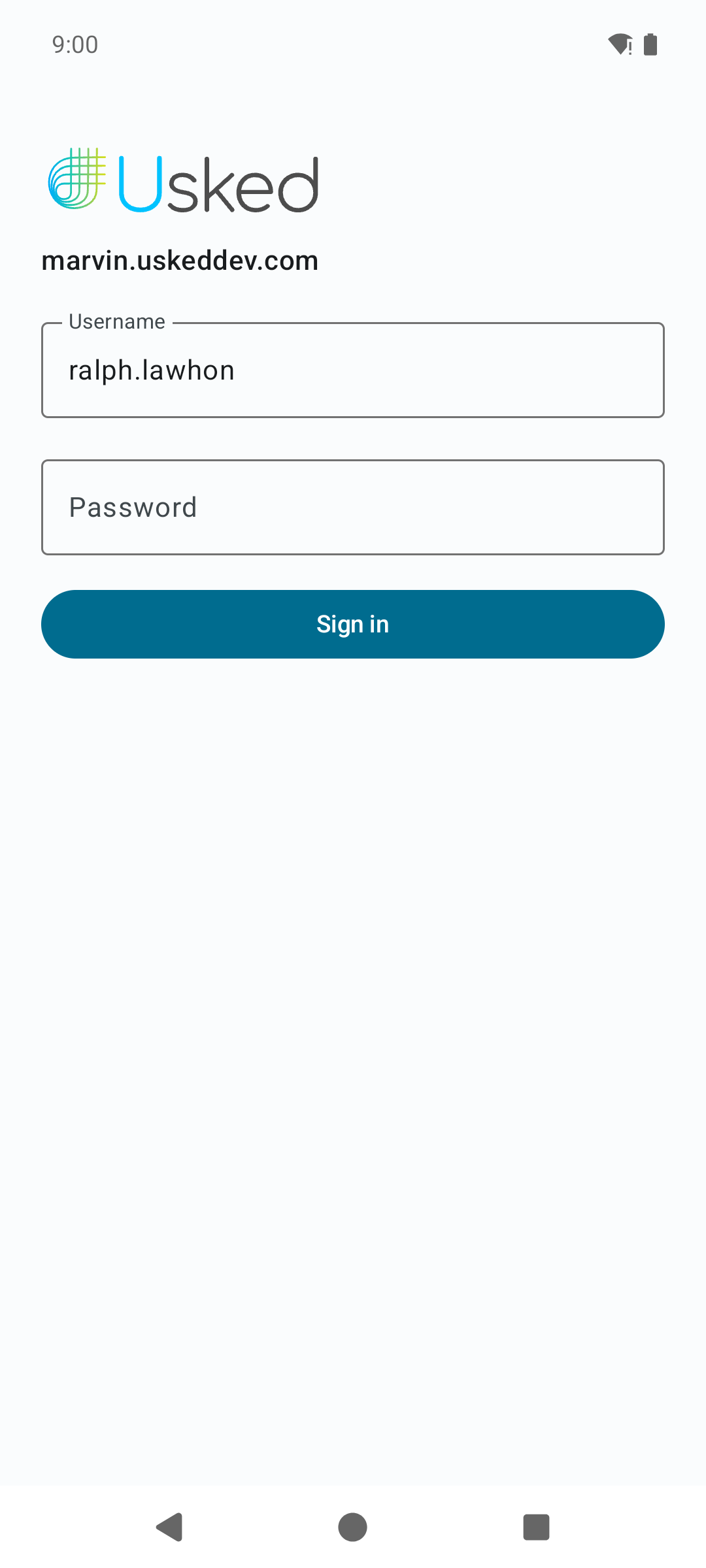 Sign-in screen for an organization site, with the organization address shown above Username and Password fields and a Sign in button.