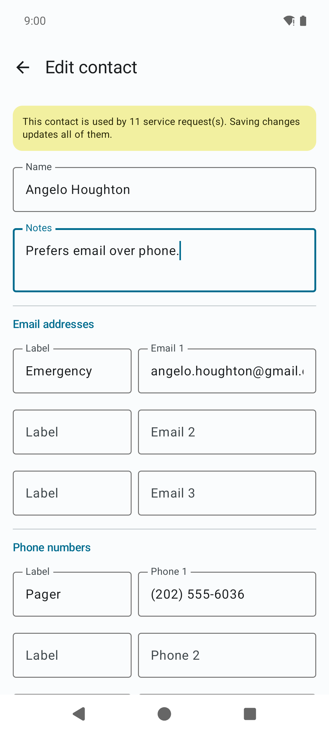 The point of contact editor with name and notes fields and labeled rows for email addresses and phone numbers.