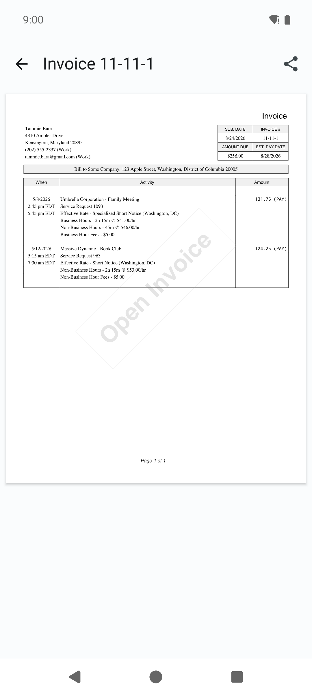 An invoice PDF rendered inside the app with a share icon in the top bar, showing provider details, submission and pay dates, and line items.