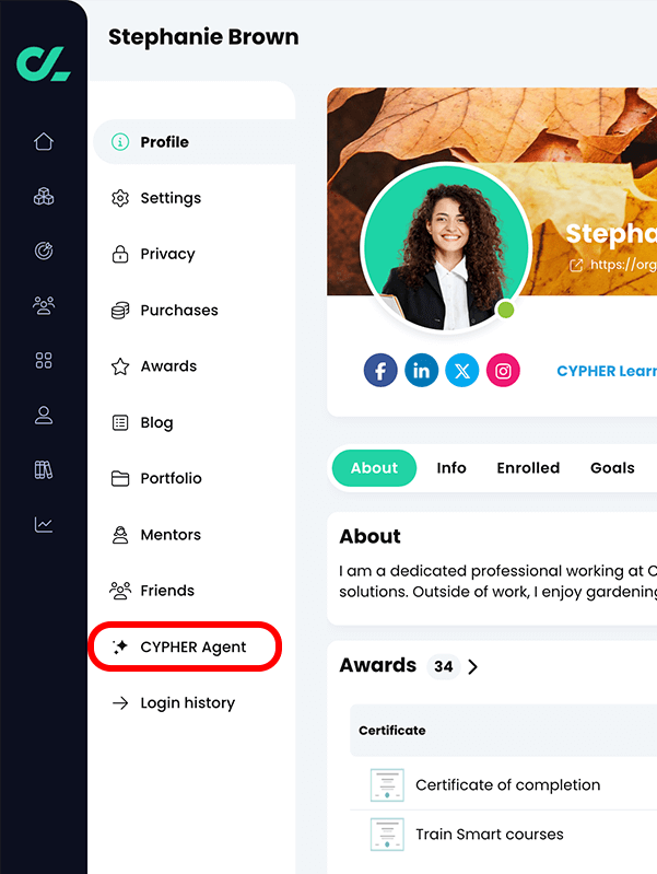 Profile page menu, CYPHER Agent tab highlighted 