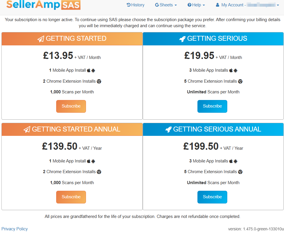 SellerAmp SAS package selection page when reactivating
