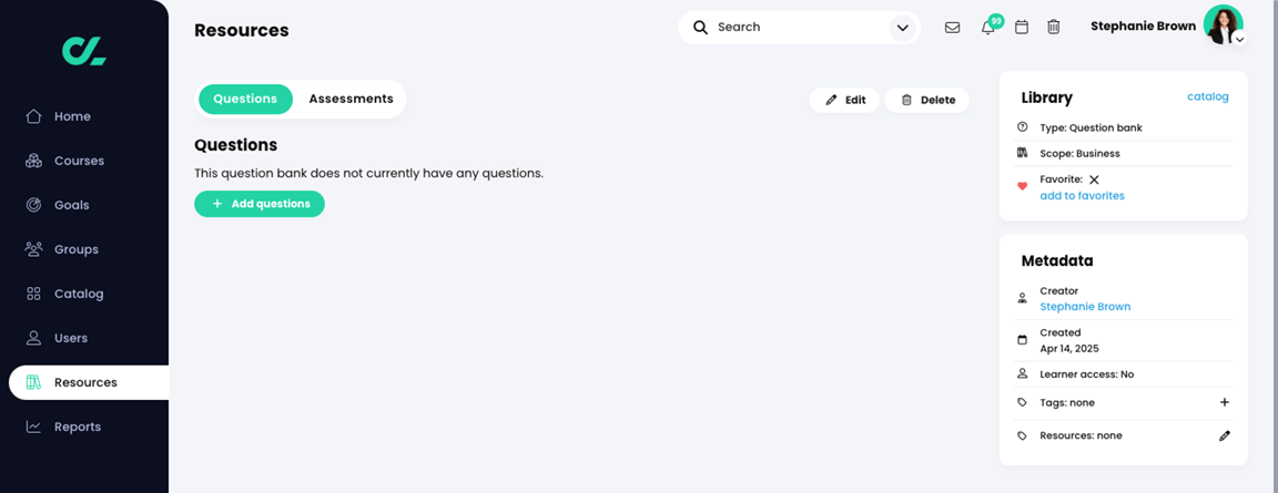 Resources, Questions bank, Questions tab