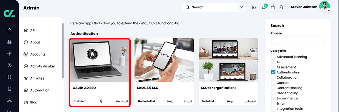 Admin, App center, Authentication section with the OAuth 2.0 SSO tile highlighted