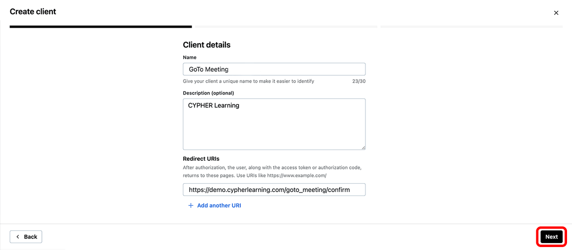 GoTo developer site, Client client pop-up, Client details step with example client Name, Description, and Redirect URLs entered