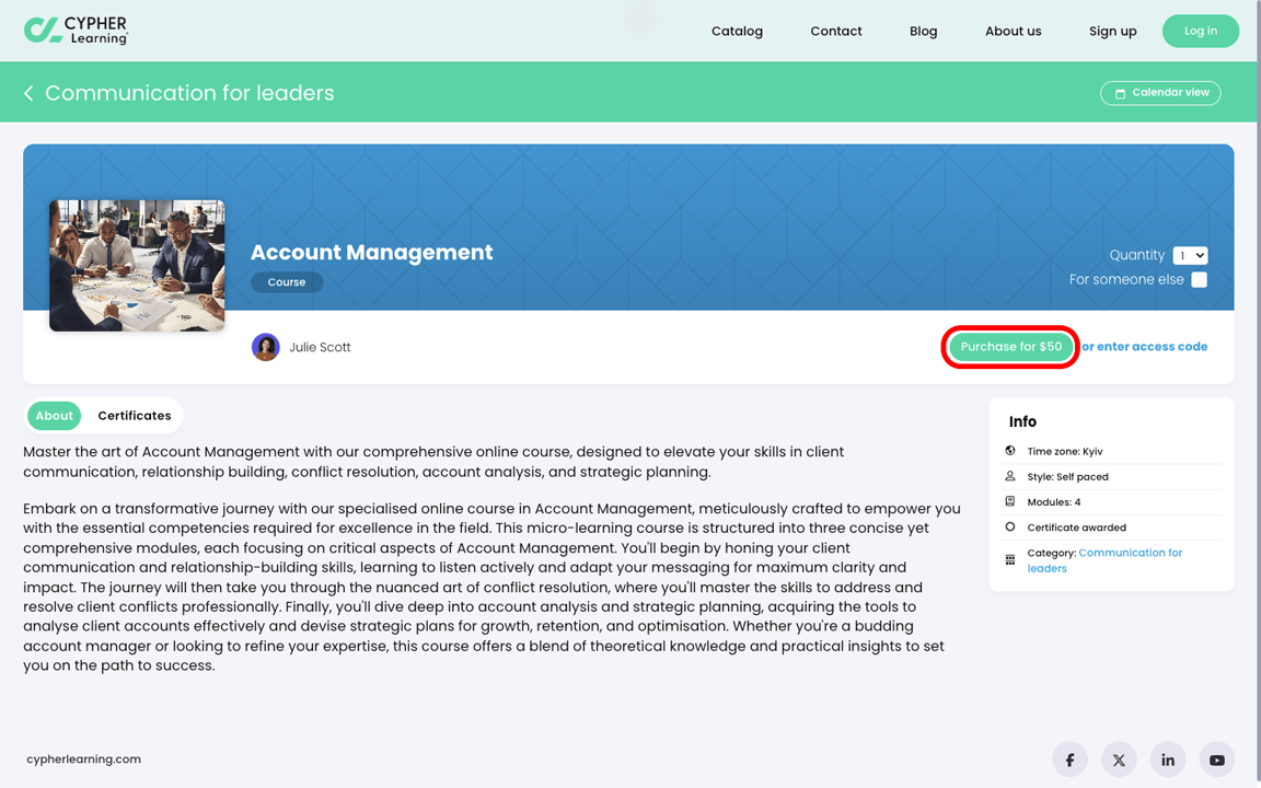 Visitor view, Catalog, Course details page with the Purchase button highlighted