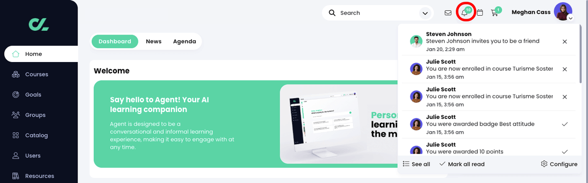 Notifications drop-down with the bell icon highlighted