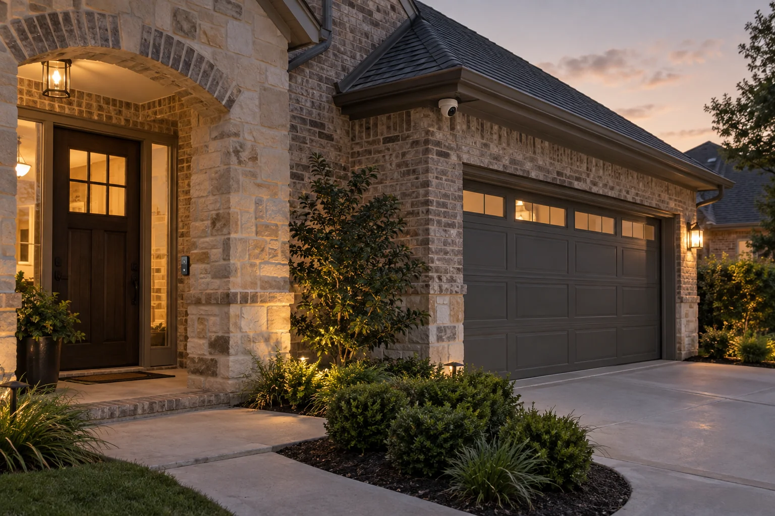 Illustration of a home entrance with a video doorbell and camera overlooking the driveway