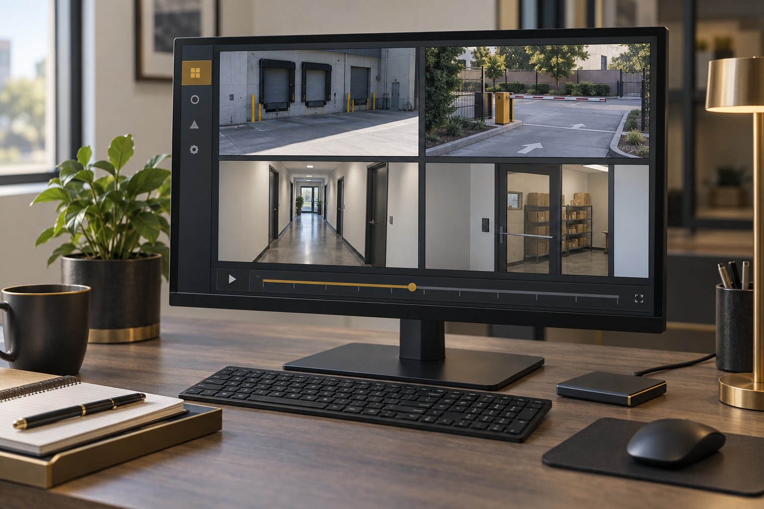 Illustrative workstation displaying camera views and a playback timeline, with an external storage drive