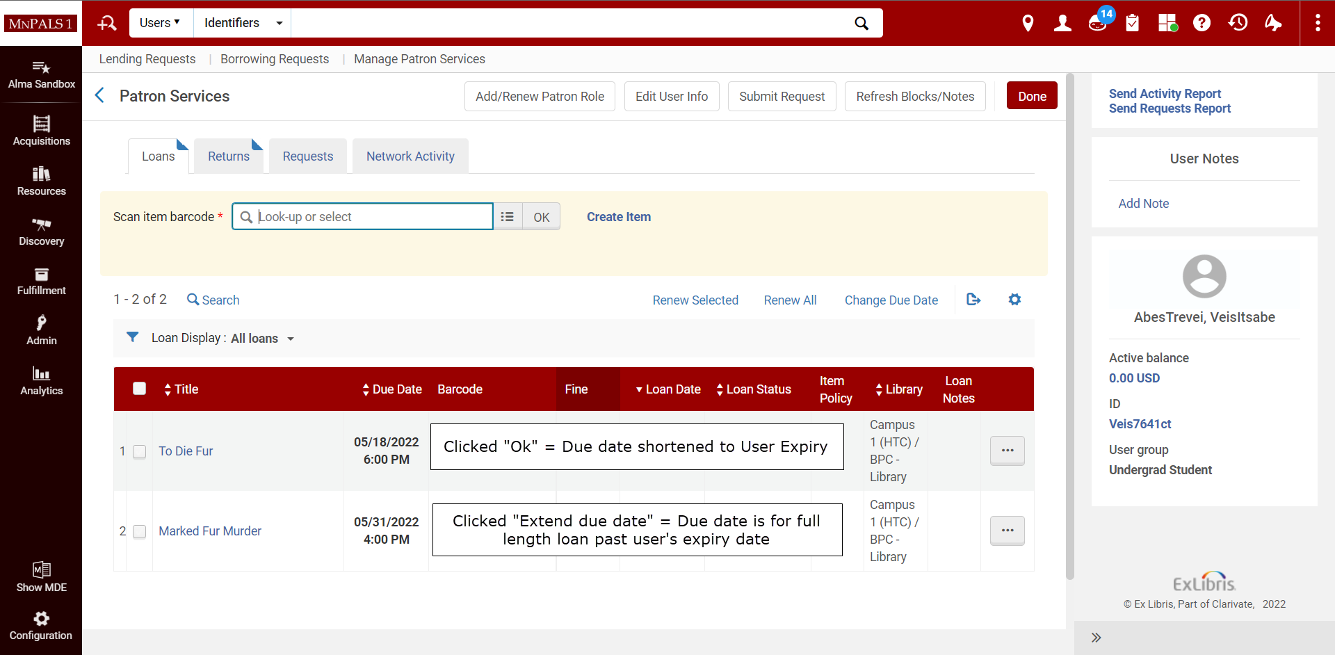 Screenshot showing patron services page after loaning items to an expiring patron illustrating the  using the two due dates resulting from staff options on the pop-up.