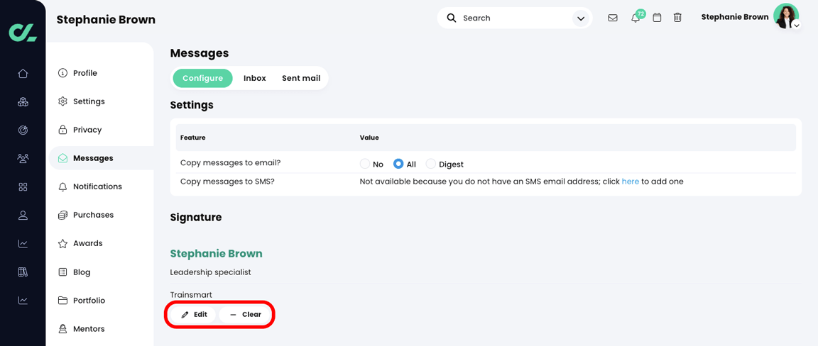 Profile, Messages, Configure tab with the Edit and Clear buttons highlighted