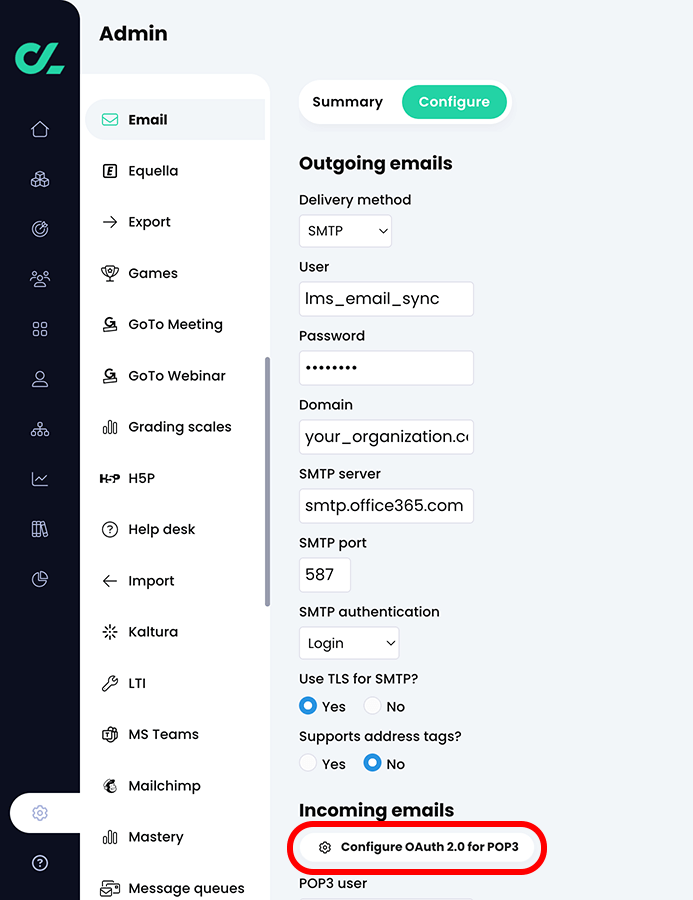 Admin, Email, Configure tab, Office365 configuration page, Incoming emails section with the Configure OAuth 2.0 for POP3 button highlighted