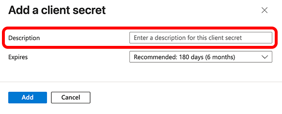 Add a client secret pop-up with the Description field highlighted