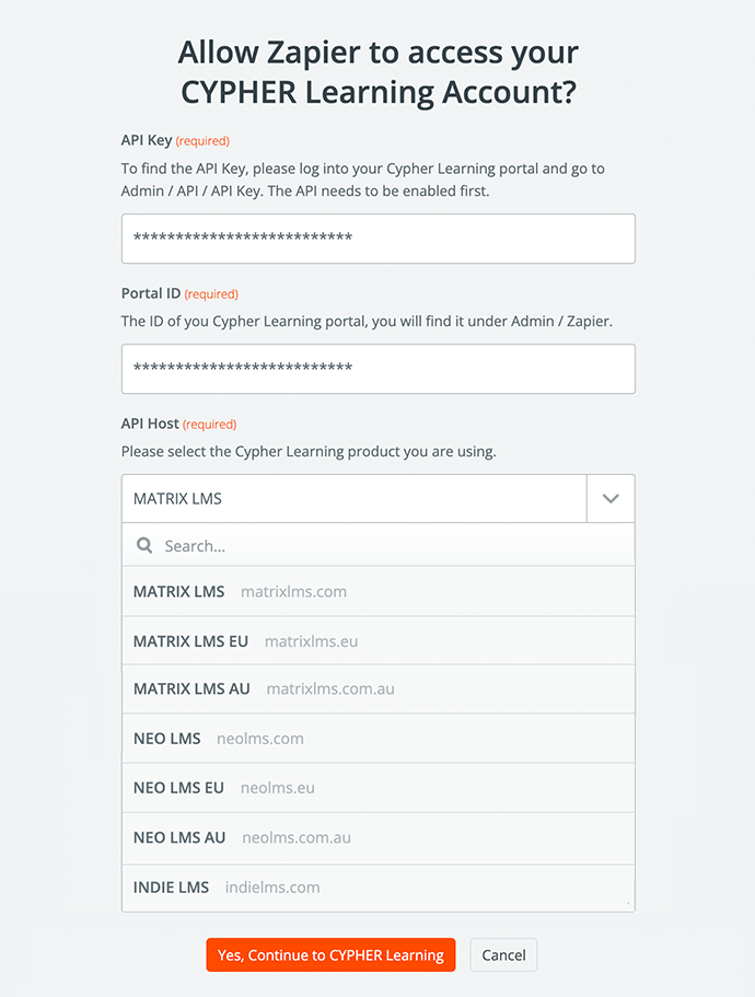 Zapier, Allow Zapier to access your CYPHER Learning Account pop-up with MATRIX LMS search results active