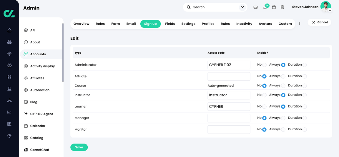 Admin, Accounts, Sign up tab, Edit access codes page