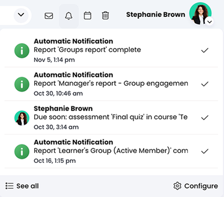 Top right menu with the Notifications menu active