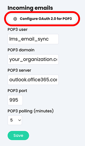 Admin, Email, Configure tab, AWS-SES configuration page, Incoming emails section with the Configure OAuth 2.0 for POP3 button highlighted