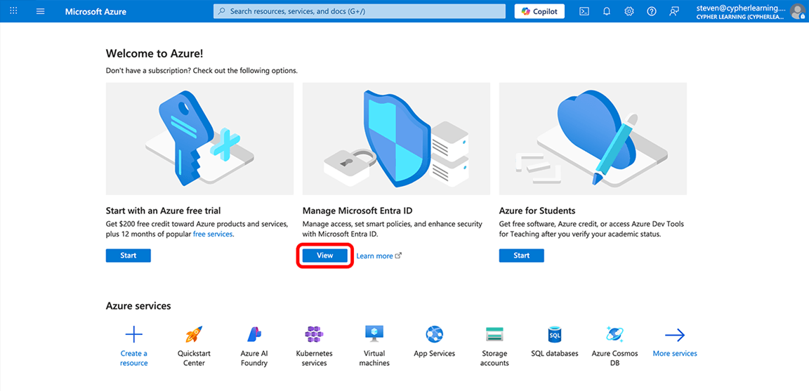 Welcome to Azure page with the View button highlighted in the Manage Microsoft Entra ID section