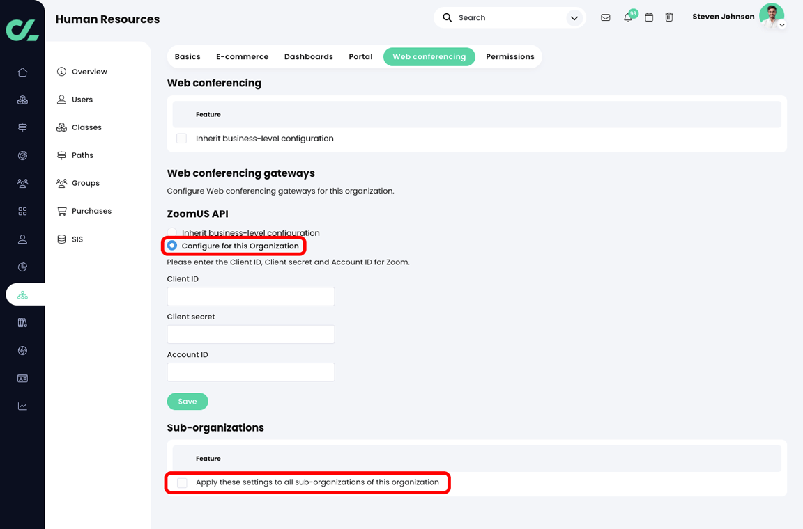 Organization, Admin, Web conferencing tab with the Inherit business-level configuration setting deselected, the Configure for this Organization radio button selected and highlighted, and the Apply these settings to all sub-organizations of this organization setting highlighted