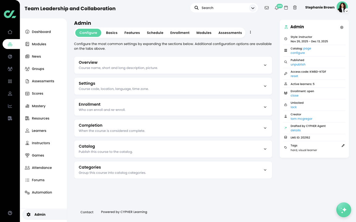 Course, Admin, Configure tab