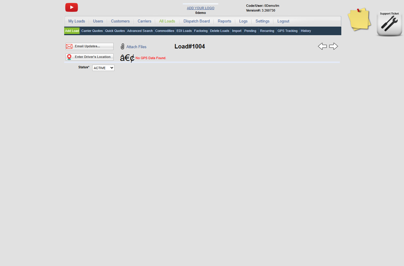 0Demo load screen header showing the current Load number