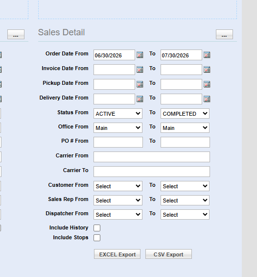 0Demo Sales Detail export filters showing date, status, office, and include stops options