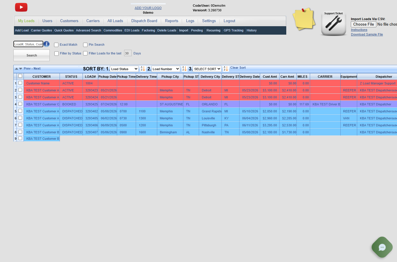 0Demo My Loads list showing status labels in the load table
