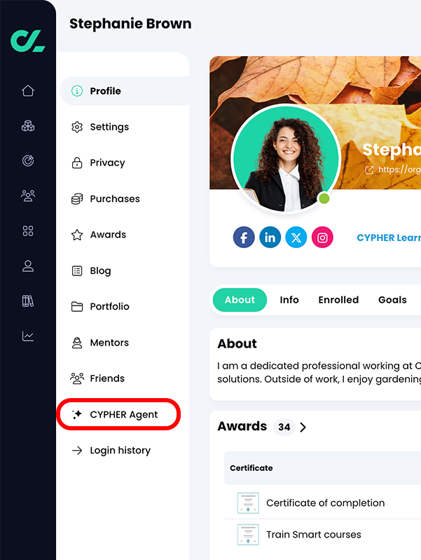 Profile page menu, CYPHER Agent tab highlighted 