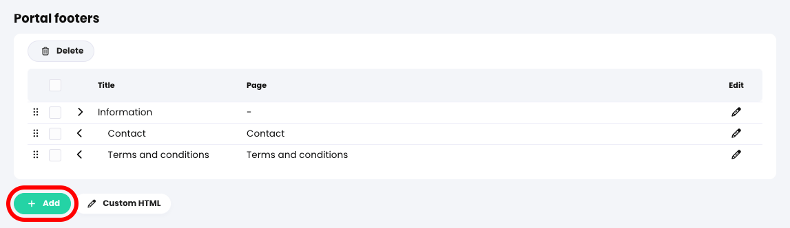 Organizations, Admin, Portal tab, Portal footers section with the Add button highlighted