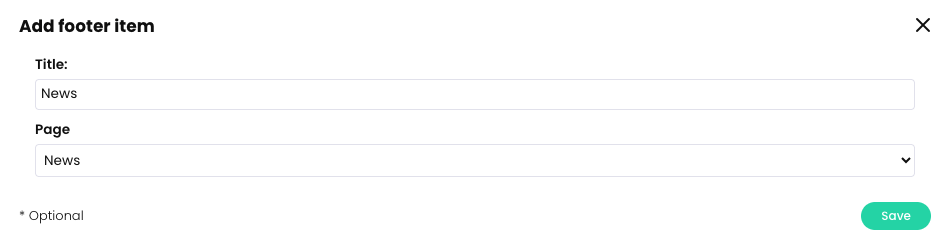 Add footer item pop-up with an example of a Title and Page selected