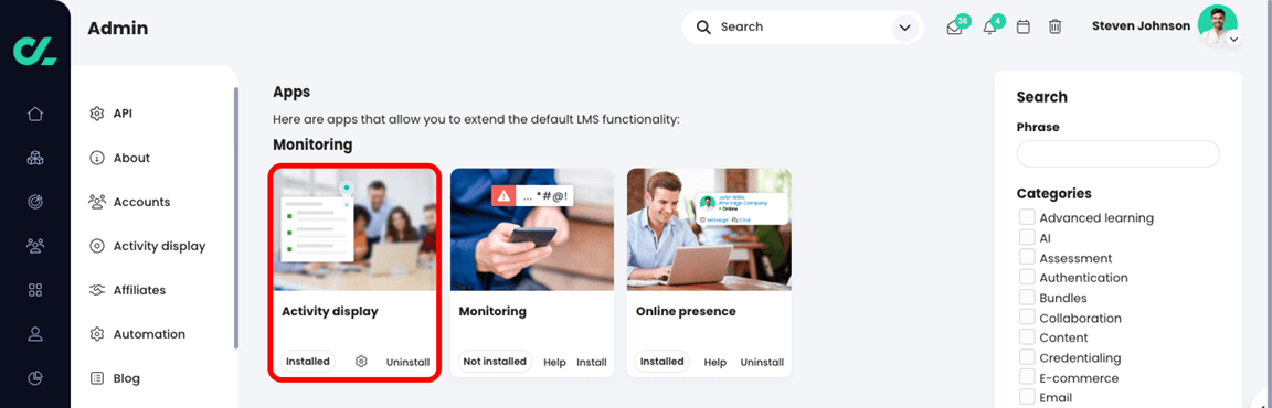 Admin, App center page showing the Activity display app highlighted
