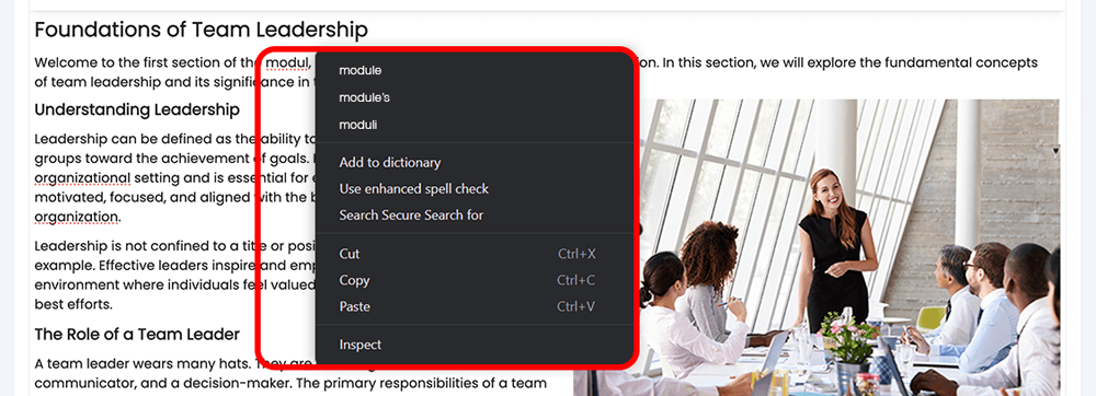 Course, Module, Edit section with a spelling menu active and highlighted