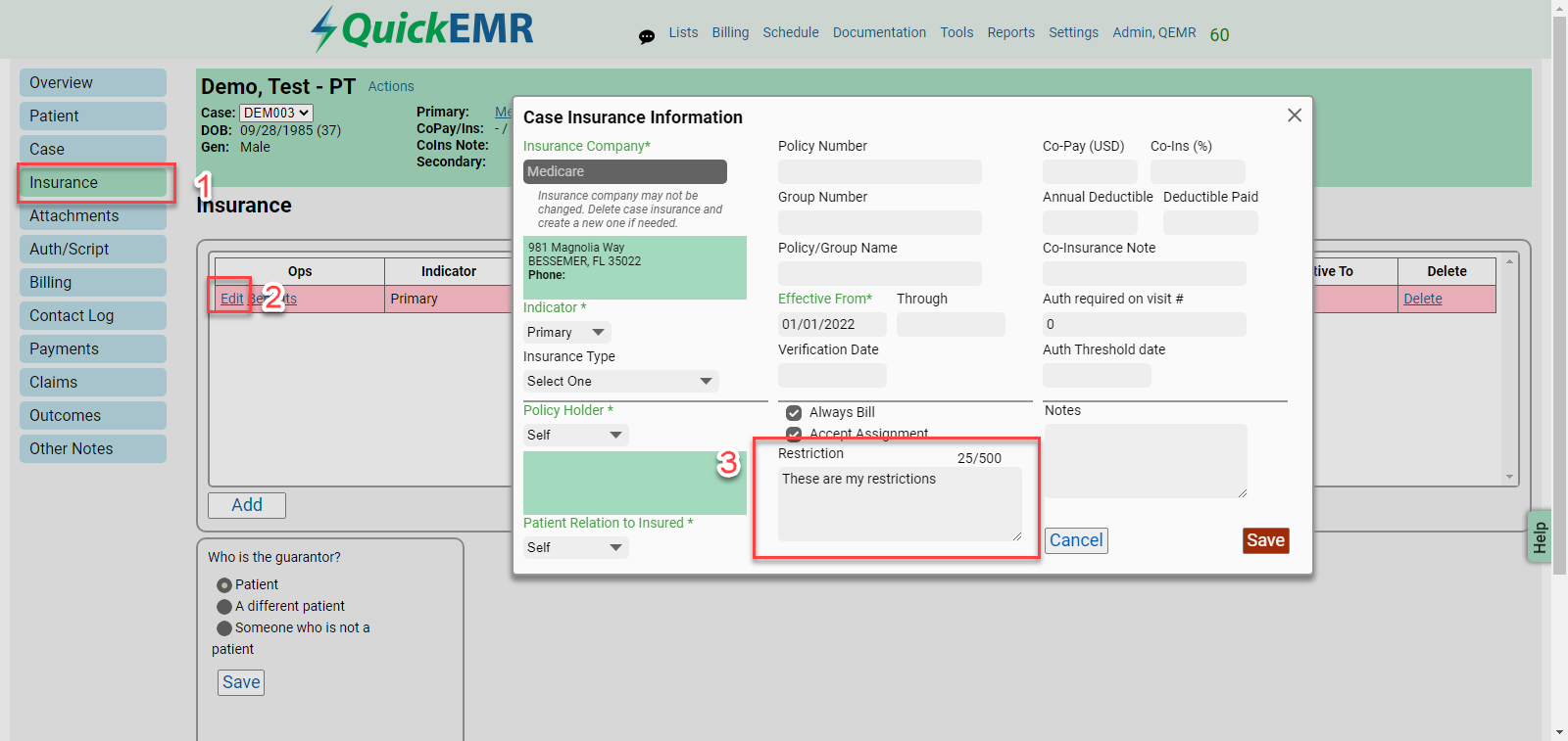 How do I type in the restrictions box?
