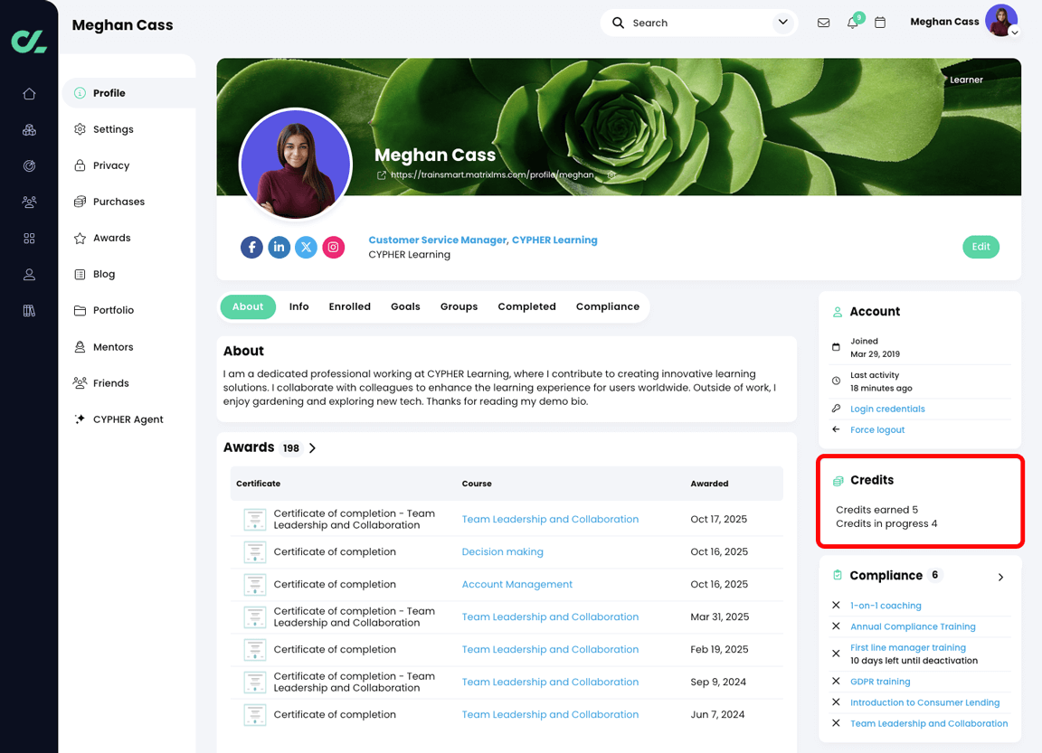 Learner profile page, About tab with the Credits widget highlighted
