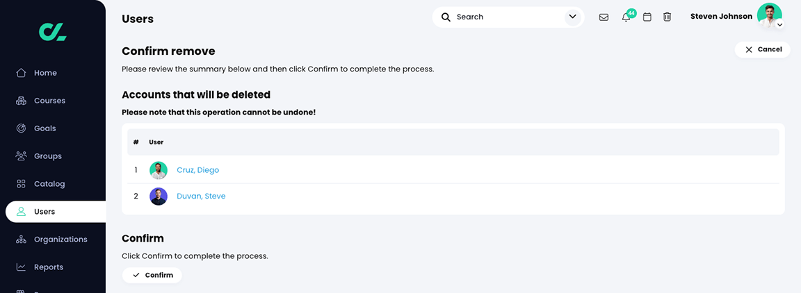 Users confirm remove page for two users