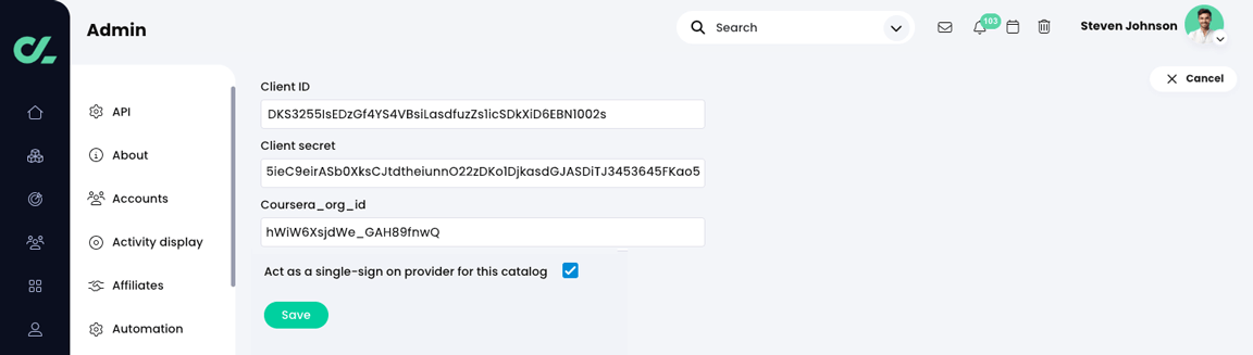 Admin, Catalog, Coursera catalog provider settings with the Act as a single-sign on provider for this catalog checkbox selected