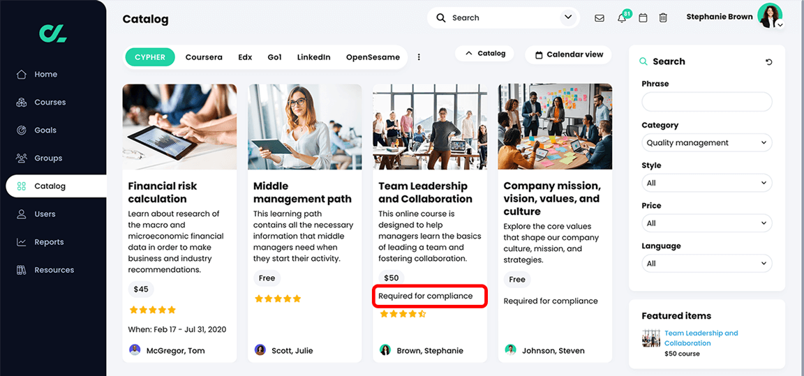 Catalog, CYPHER tab with the Required for compliance tag highlighted on a course
