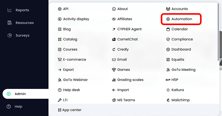 Primary navigation menu with the Admin menu active and Automation highlighted