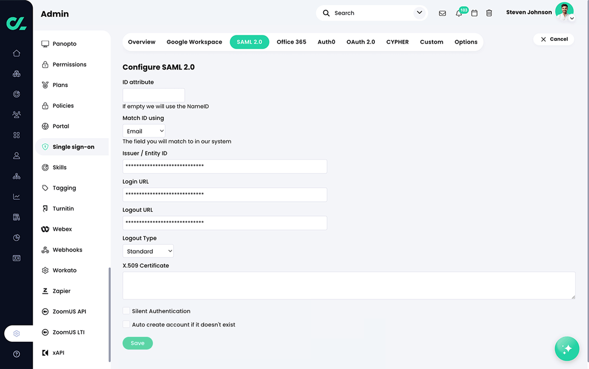 Admin, Single sign-on, Configure SAML 2.0 page with example values entered