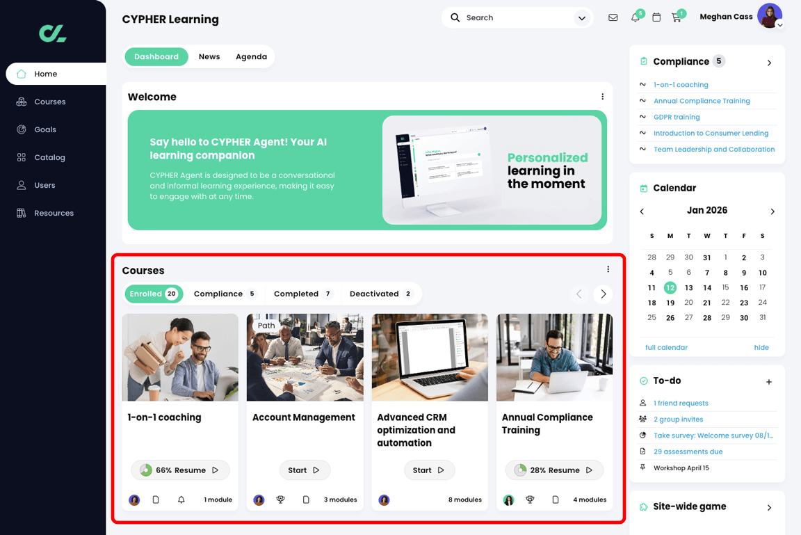Learner home dashboard, with the Courses widget highlighted