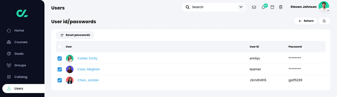 Users, User id passwords screen with three users selected