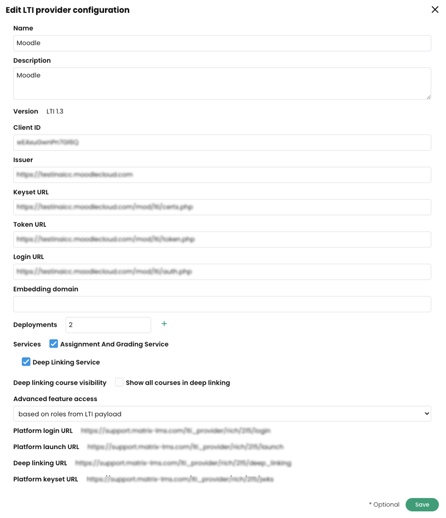 Edit LTI provider configuration pop-up with the Assignment and Grading Service and Deep Linking Service checkboxes selected