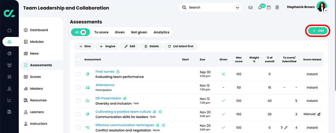 Course, Assessments with the Add button highlighted