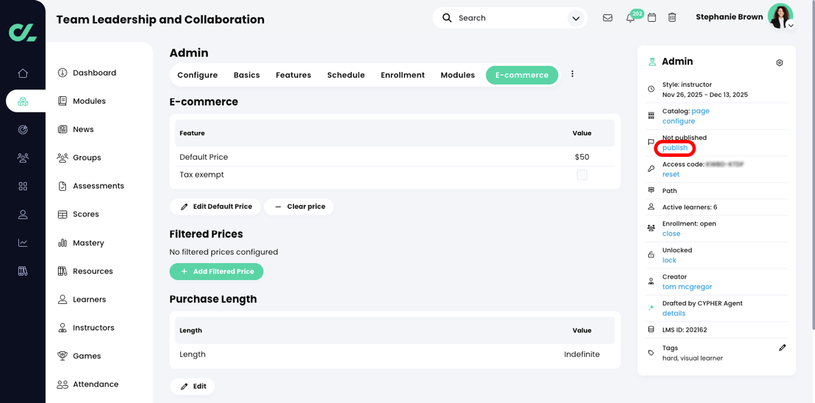 Course, Admin, E-commerce tab with the publish button highlighted in the Admin widget in the right panel