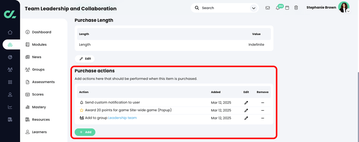 Course, Admin, E-commerce tab with the Purchase actions section highlighted with three purchase actions listed